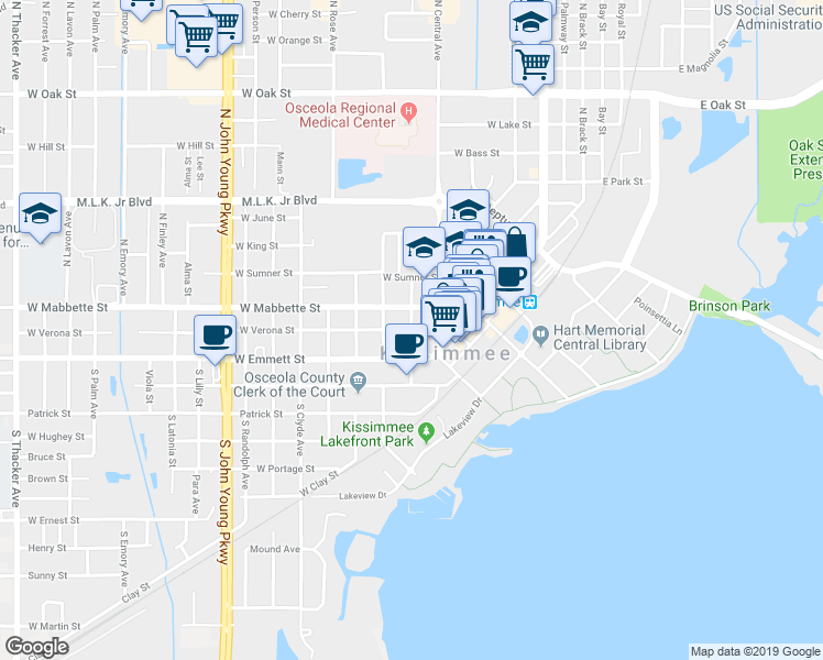 map of restaurants, bars, coffee shops, grocery stores, and more near 101 North Orlando Avenue in Kissimmee
