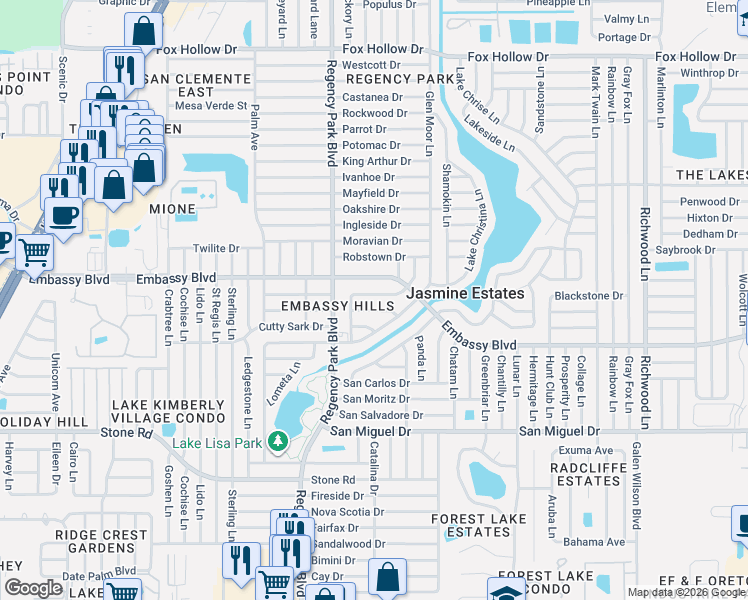 map of restaurants, bars, coffee shops, grocery stores, and more near 7321 Lincoln Park Lane in Port Richey