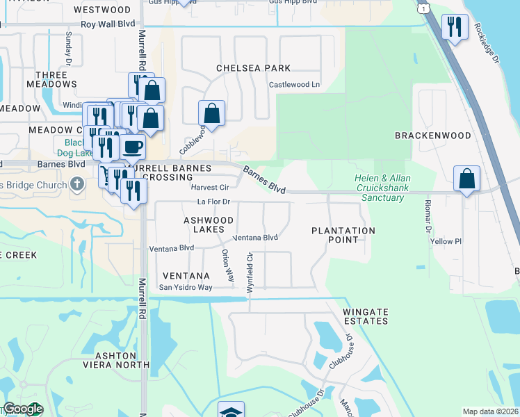 map of restaurants, bars, coffee shops, grocery stores, and more near 3829 La Flor Drive in Rockledge