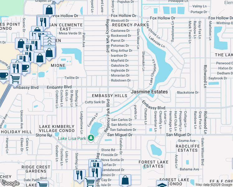 map of restaurants, bars, coffee shops, grocery stores, and more near 7221 Lincoln Park Lane in Port Richey