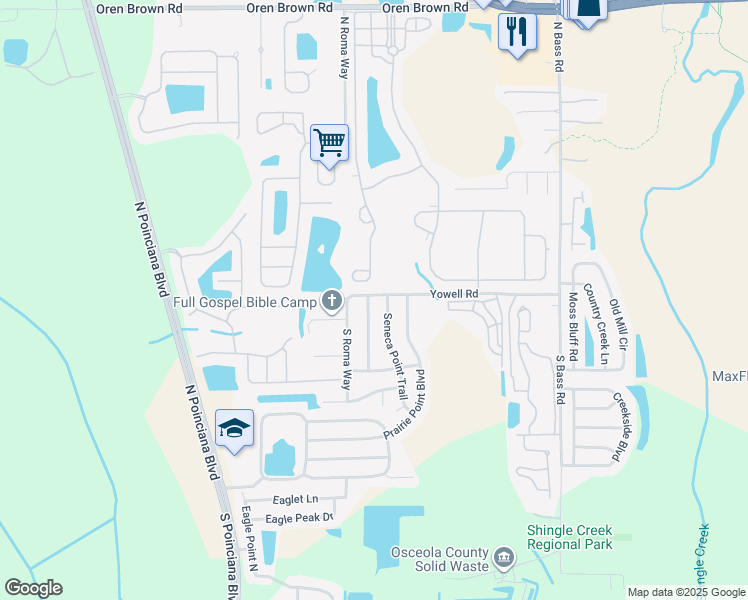 map of restaurants, bars, coffee shops, grocery stores, and more near 25 Sunny Oak Trail in Kissimmee