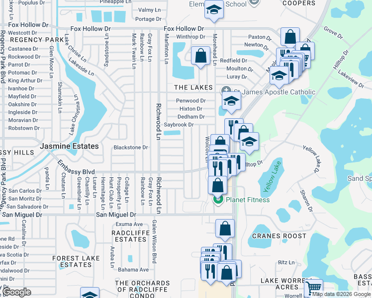 map of restaurants, bars, coffee shops, grocery stores, and more near 9330 Whitman Lane in Port Richey