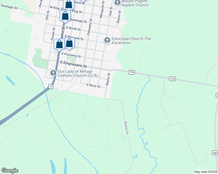 map of restaurants, bars, coffee shops, grocery stores, and more near 1005 Bayou Street in Refugio
