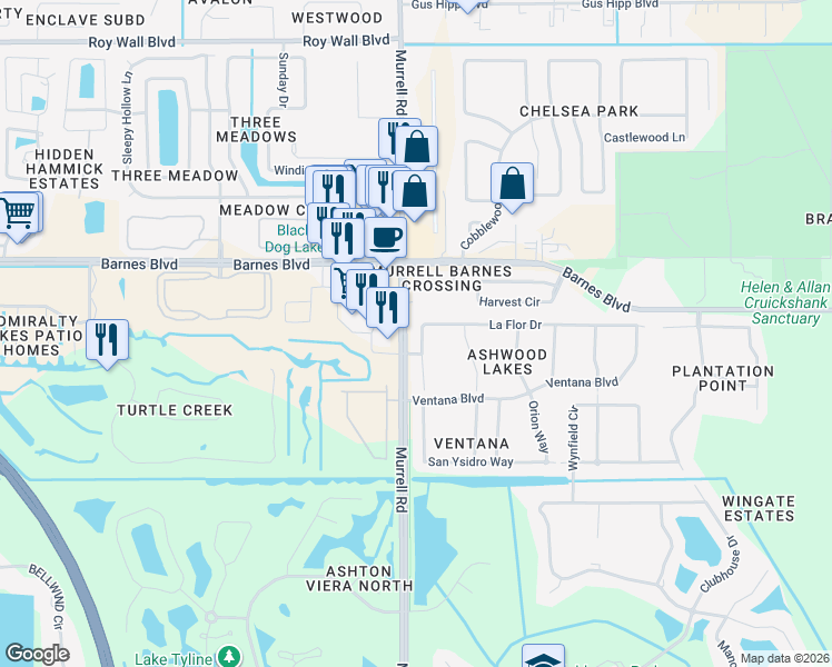 map of restaurants, bars, coffee shops, grocery stores, and more near 3906 La Flor Drive in Rockledge