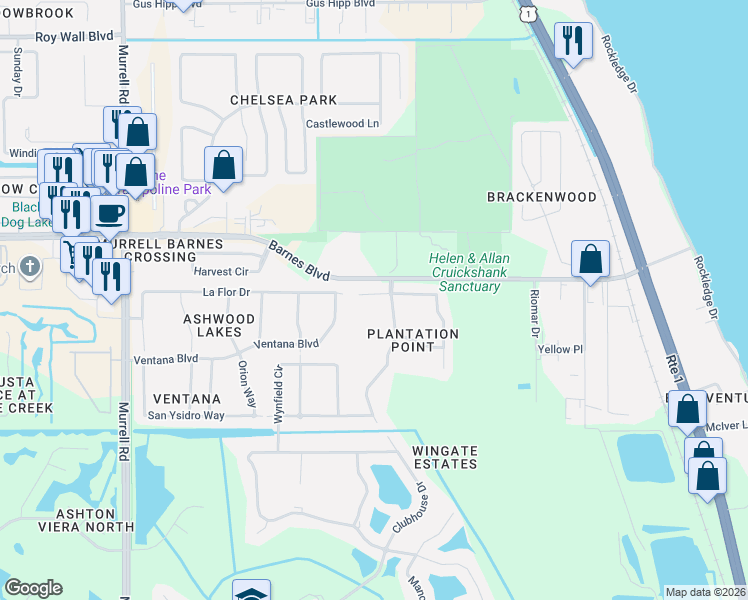 map of restaurants, bars, coffee shops, grocery stores, and more near 349 Pebble Hill Way in Rockledge