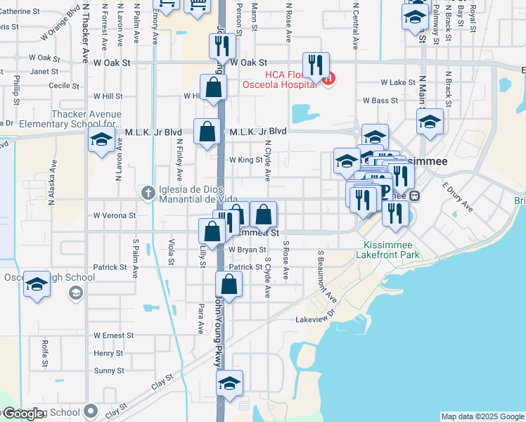 map of restaurants, bars, coffee shops, grocery stores, and more near 917 West Verona Street in Kissimmee