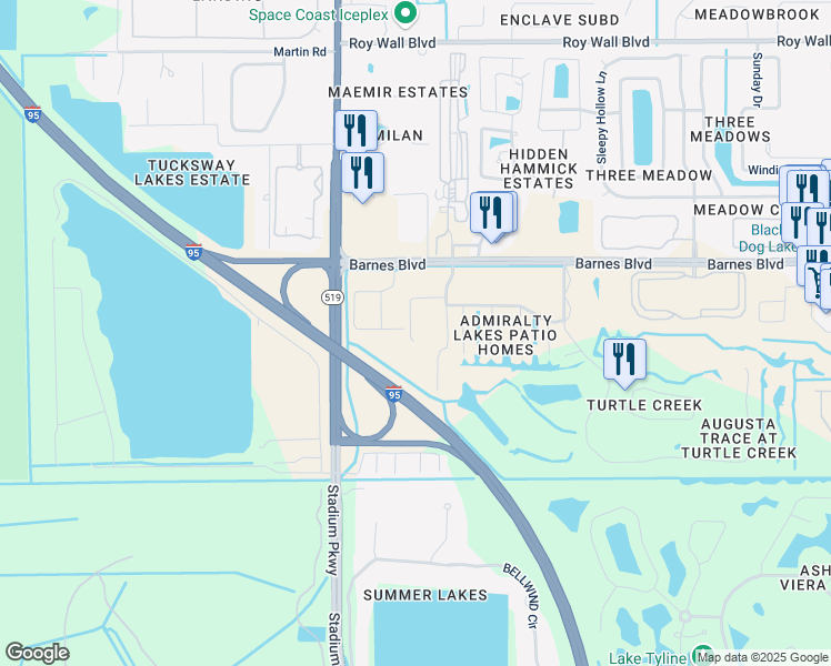 map of restaurants, bars, coffee shops, grocery stores, and more near 927 Ocaso Lane in Rockledge