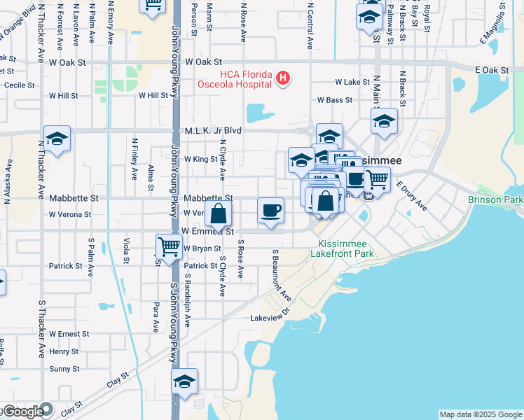 map of restaurants, bars, coffee shops, grocery stores, and more near 621 West Verona Street in Kissimmee