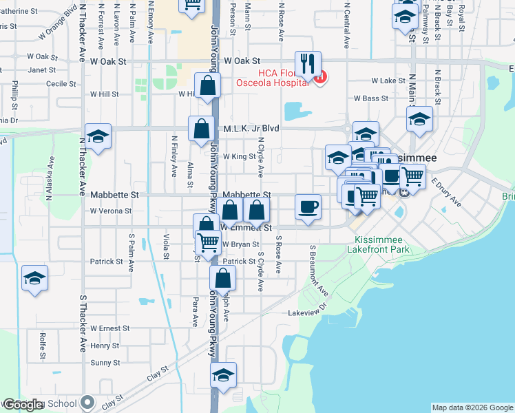 map of restaurants, bars, coffee shops, grocery stores, and more near 917 West Verona Street in Kissimmee