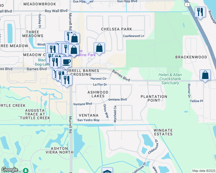 map of restaurants, bars, coffee shops, grocery stores, and more near 3845 La Flor Drive in Rockledge