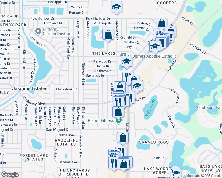map of restaurants, bars, coffee shops, grocery stores, and more near 9331 Wolcott Lane in Port Richey