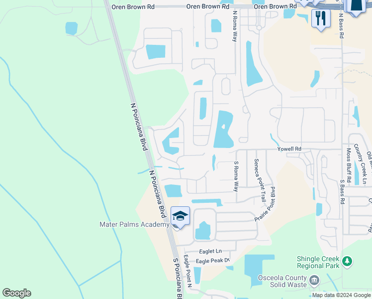 map of restaurants, bars, coffee shops, grocery stores, and more near 171 Pompano Beach Drive in Kissimmee