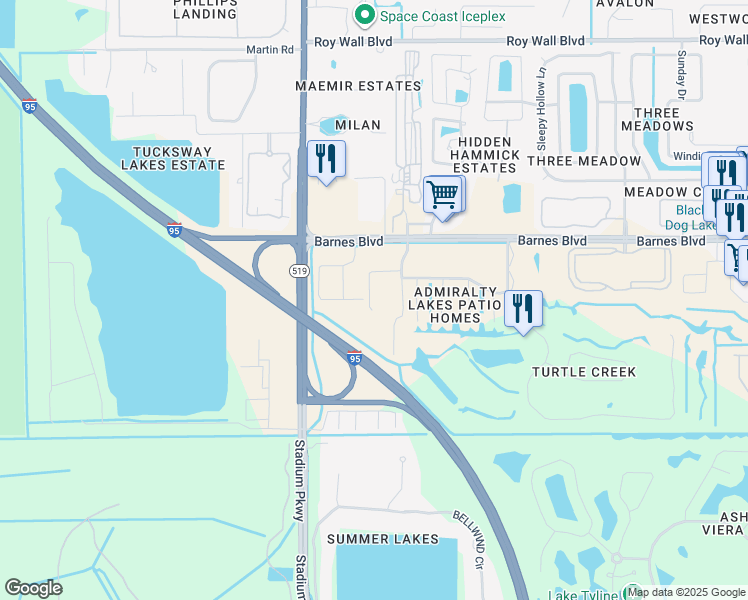 map of restaurants, bars, coffee shops, grocery stores, and more near 3900 Playa Del Sol Drive in Rockledge