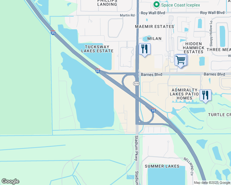 map of restaurants, bars, coffee shops, grocery stores, and more near Fiske Lane in Rockledge