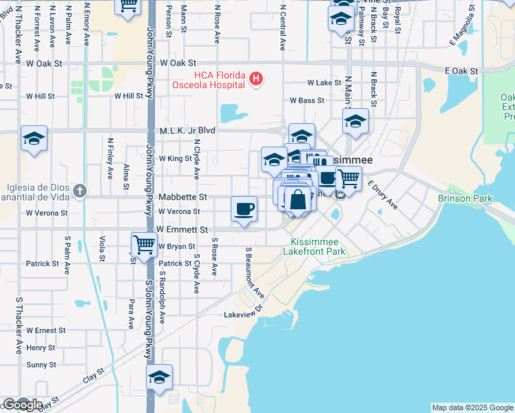 map of restaurants, bars, coffee shops, grocery stores, and more near 109 North Beaumont Avenue in Kissimmee