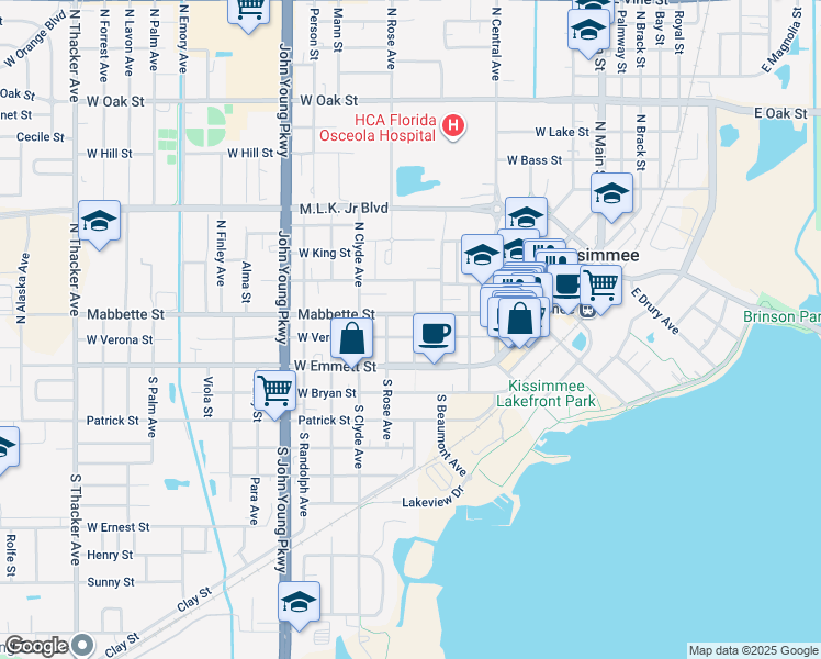 map of restaurants, bars, coffee shops, grocery stores, and more near 621 West Verona Street in Kissimmee