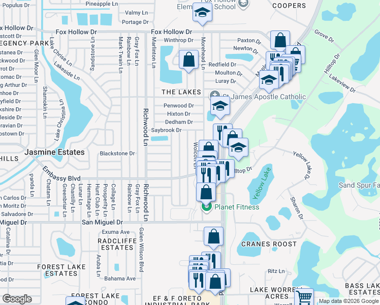 map of restaurants, bars, coffee shops, grocery stores, and more near 9332 Barrington Lane in Port Richey
