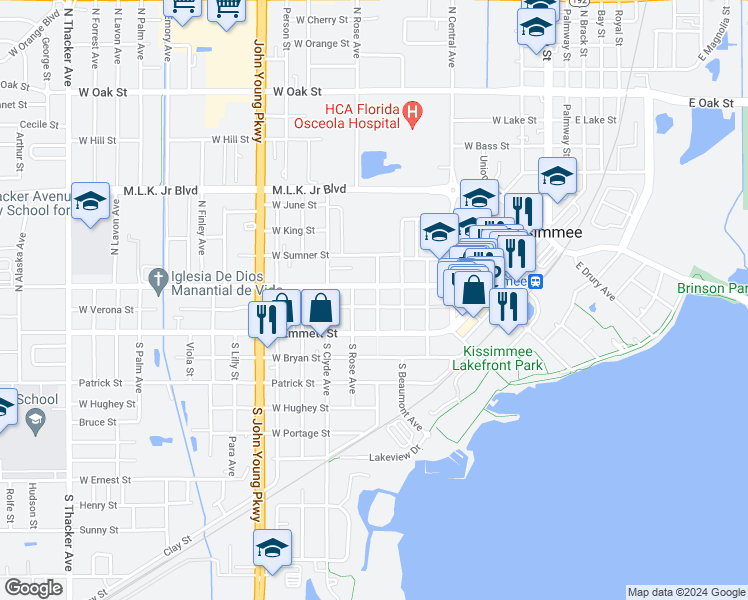 map of restaurants, bars, coffee shops, grocery stores, and more near 108 North Vernon Avenue in Kissimmee