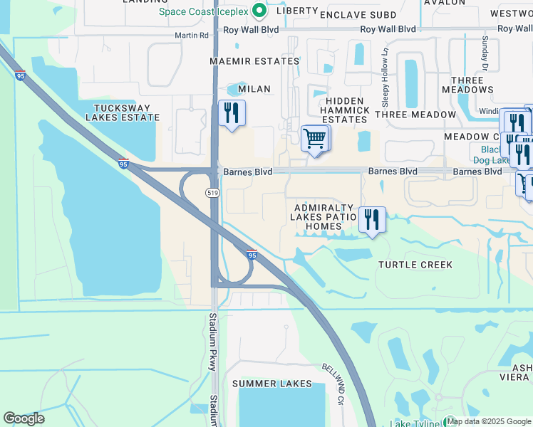 map of restaurants, bars, coffee shops, grocery stores, and more near 3900 Playa Del Sol Drive in Rockledge