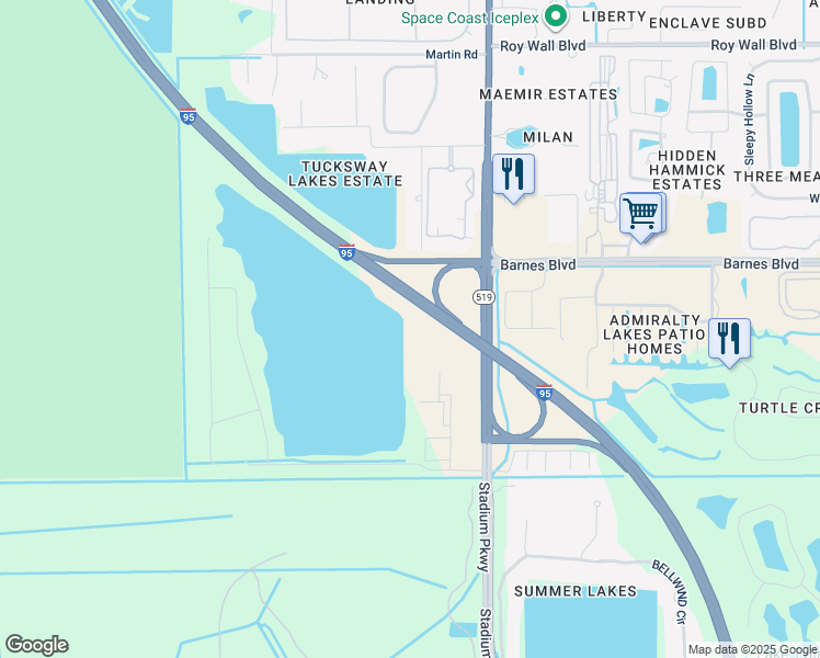 map of restaurants, bars, coffee shops, grocery stores, and more near Fiske Lane in Rockledge