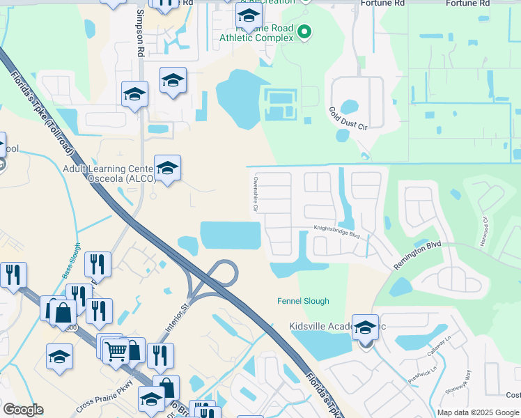 map of restaurants, bars, coffee shops, grocery stores, and more near 238 Owenshire Circle in Kissimmee