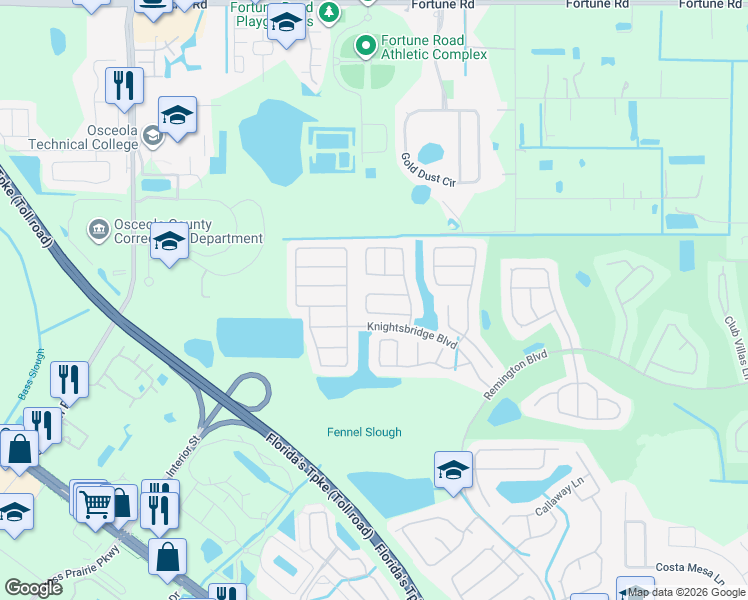 map of restaurants, bars, coffee shops, grocery stores, and more near 2543 Crown Ridge Circle in Kissimmee