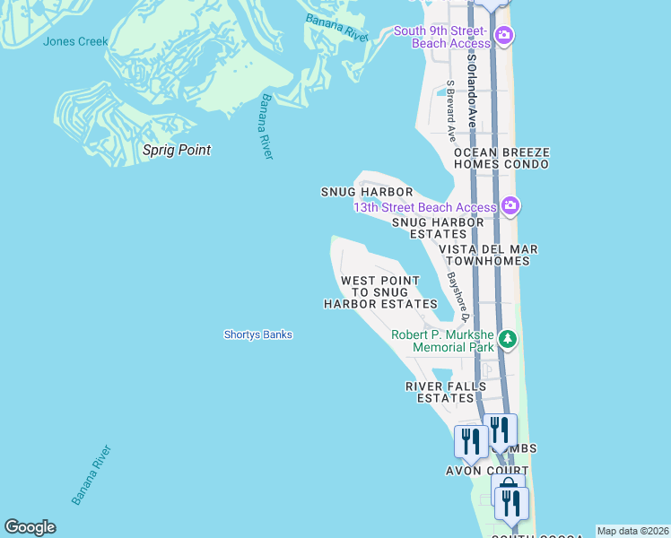 map of restaurants, bars, coffee shops, grocery stores, and more near 21 West Point Drive in Cocoa Beach