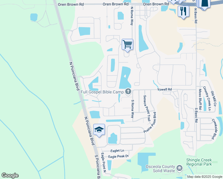 map of restaurants, bars, coffee shops, grocery stores, and more near 989 Lake Berkley Drive in Kissimmee