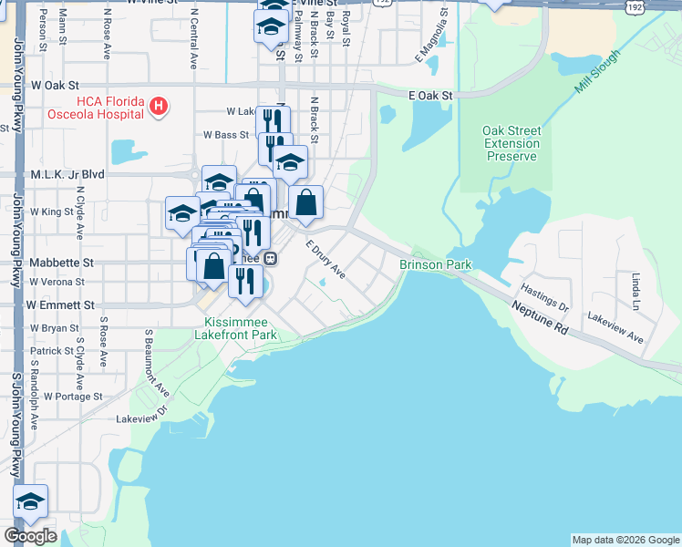 map of restaurants, bars, coffee shops, grocery stores, and more near East Drury Avenue in Kissimmee