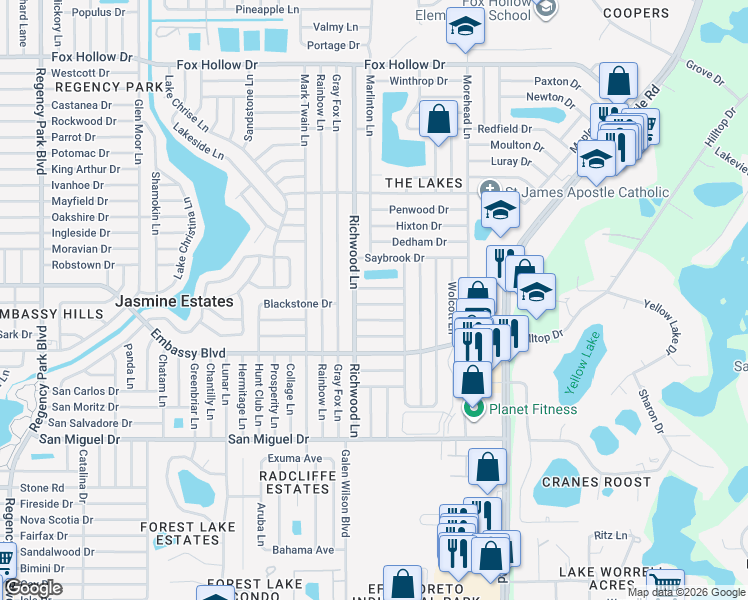 map of restaurants, bars, coffee shops, grocery stores, and more near 8033 Norwich Drive in Port Richey