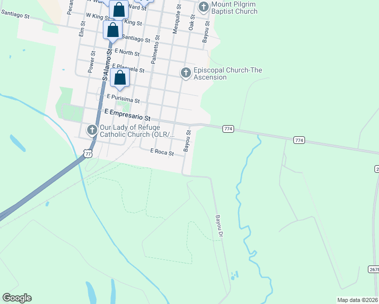 map of restaurants, bars, coffee shops, grocery stores, and more near 1005 Bayou Street in Refugio