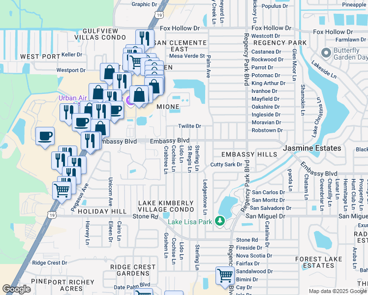 map of restaurants, bars, coffee shops, grocery stores, and more near 9324 Lido Lane in Port Richey