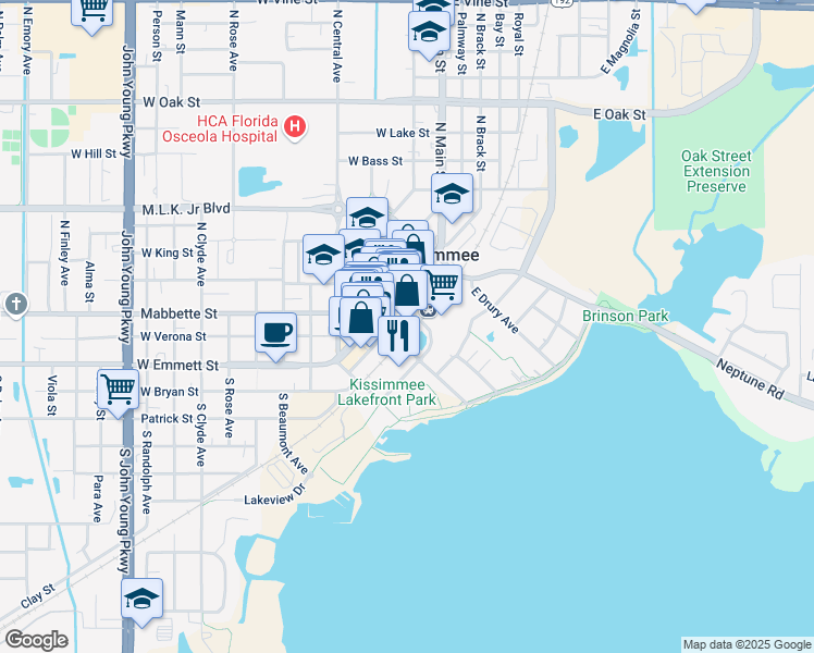 map of restaurants, bars, coffee shops, grocery stores, and more near 111 East Monument Avenue in Kissimmee