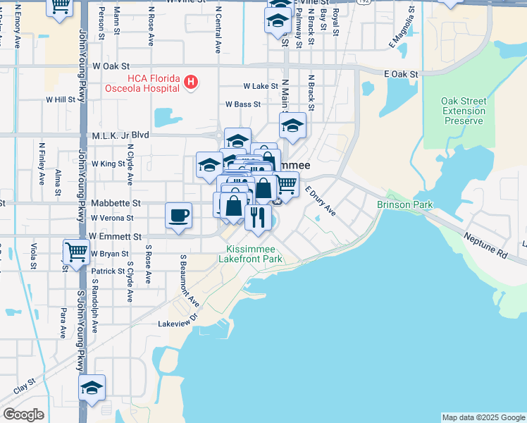 map of restaurants, bars, coffee shops, grocery stores, and more near 111 East Monument Avenue in Kissimmee