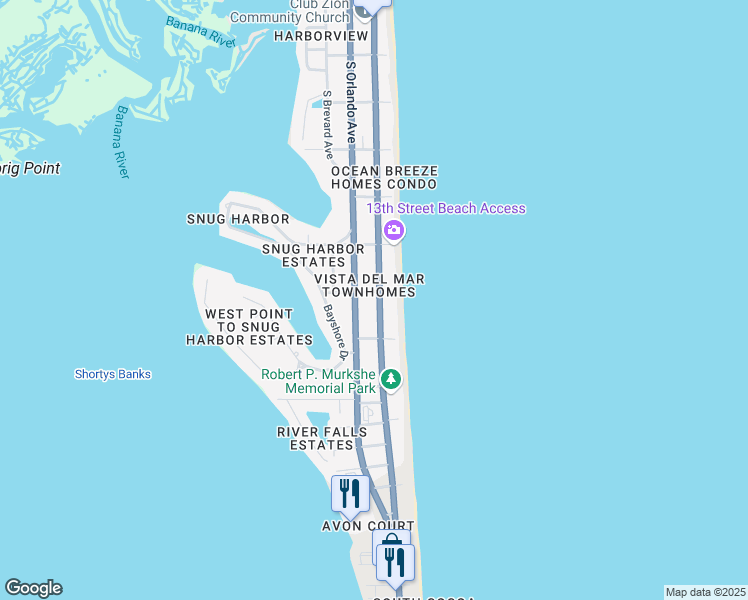 map of restaurants, bars, coffee shops, grocery stores, and more near 1420 South Atlantic Avenue in Cocoa Beach