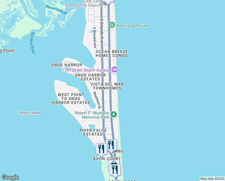 map of restaurants, bars, coffee shops, grocery stores, and more near 1420 South Atlantic Avenue in Cocoa Beach