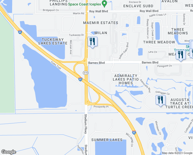 map of restaurants, bars, coffee shops, grocery stores, and more near 3900 Playa Del Sol Drive in Rockledge