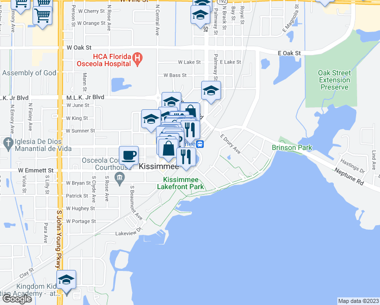 map of restaurants, bars, coffee shops, grocery stores, and more near 111 East Monument Avenue in Kissimmee