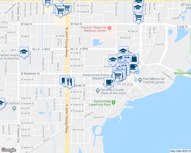 map of restaurants, bars, coffee shops, grocery stores, and more near 621 West Verona Street in Kissimmee