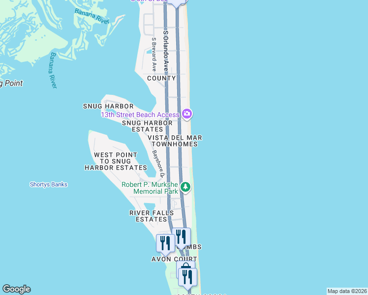 map of restaurants, bars, coffee shops, grocery stores, and more near 1431 South Atlantic Avenue in Cocoa Beach