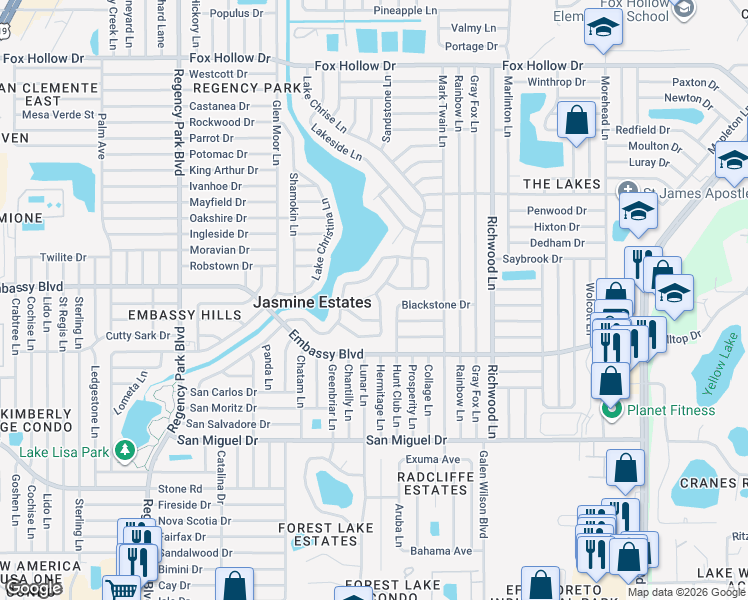 map of restaurants, bars, coffee shops, grocery stores, and more near 9416 Barnstead Lane in Port Richey
