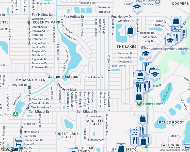 map of restaurants, bars, coffee shops, grocery stores, and more near 9331 Mark Twain Lane in Port Richey