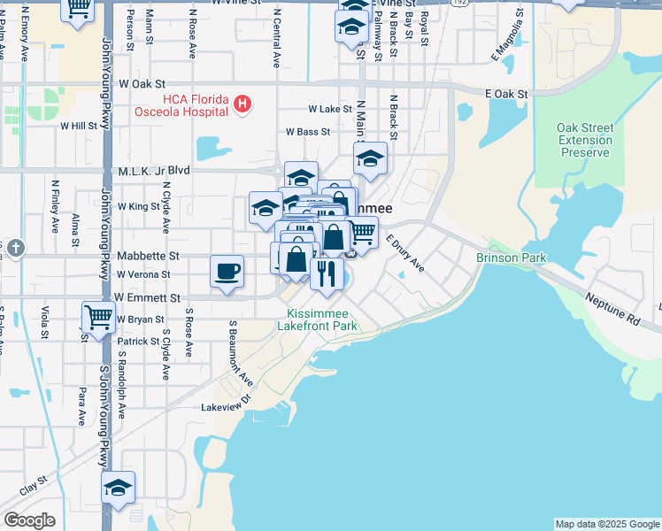 map of restaurants, bars, coffee shops, grocery stores, and more near 111 East Monument Avenue in Kissimmee
