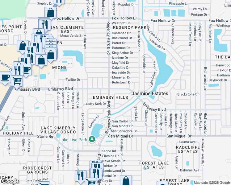 map of restaurants, bars, coffee shops, grocery stores, and more near 7221 Lincoln Park Lane in Port Richey