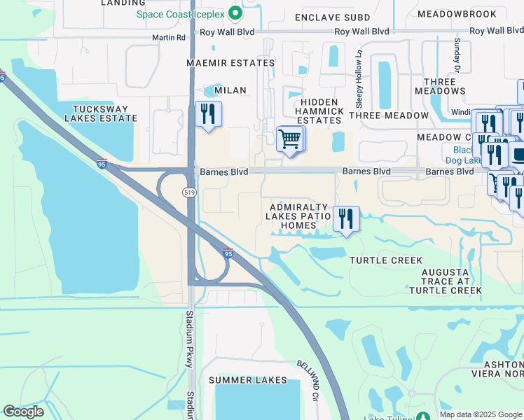 map of restaurants, bars, coffee shops, grocery stores, and more near 3910 Playa Del Sol Drive in Rockledge