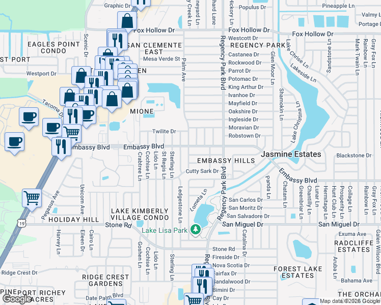 map of restaurants, bars, coffee shops, grocery stores, and more near 7025 Flaggler Drive in Port Richey