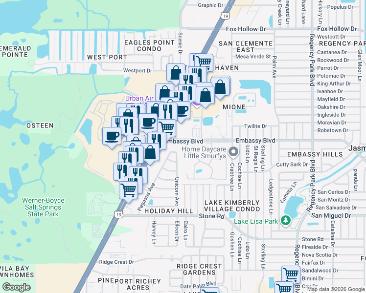 map of restaurants, bars, coffee shops, grocery stores, and more near 6506 Embassy Boulevard in Port Richey