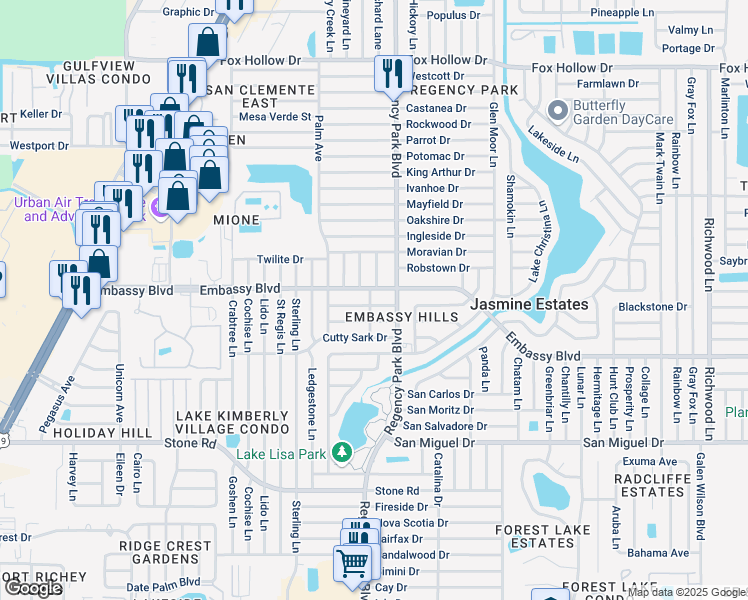map of restaurants, bars, coffee shops, grocery stores, and more near 7121 Flaggler Drive in Port Richey