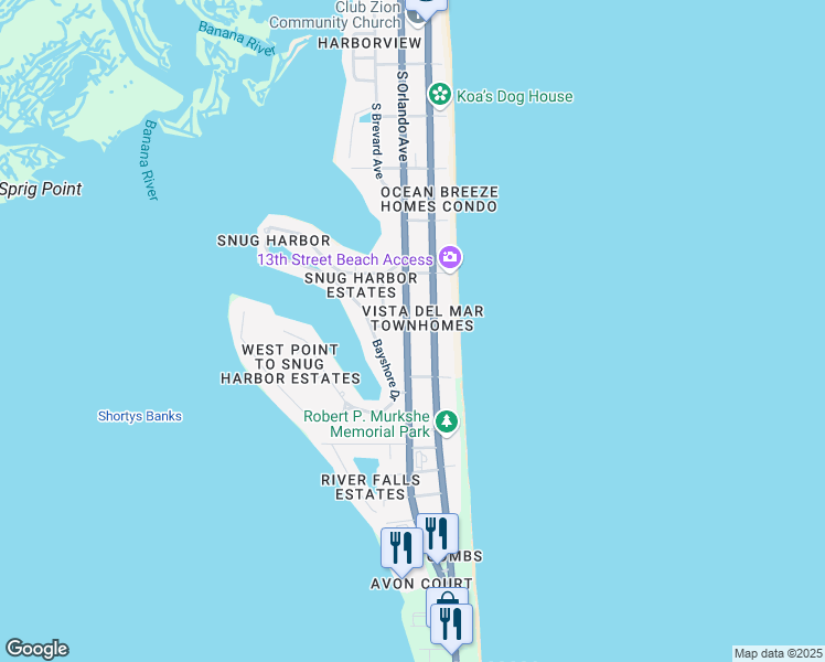map of restaurants, bars, coffee shops, grocery stores, and more near 1420 South Atlantic Avenue in Cocoa Beach
