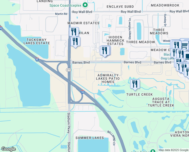 map of restaurants, bars, coffee shops, grocery stores, and more near 3910 Playa Del Sol Drive in Rockledge